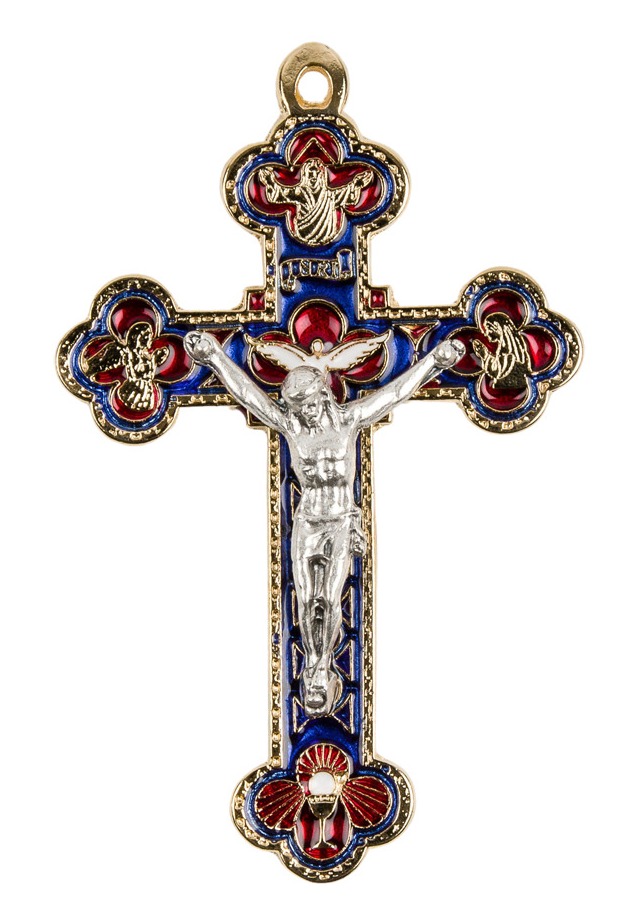 Croix baroque dorée, émaillée bleu et rouge avec Christ argenté
