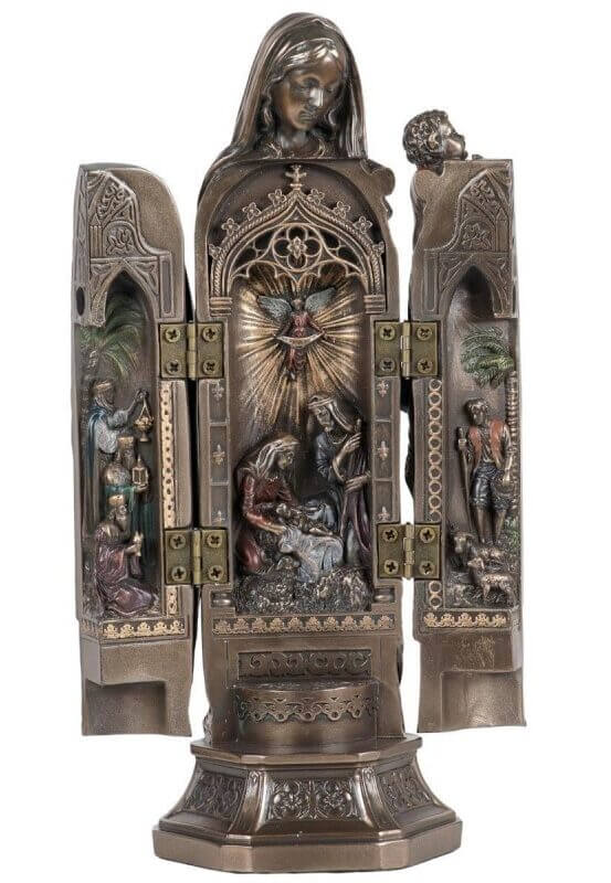 Statue bronze coulé à froid, triptyque de la Vierge à l'enfant, avec la nativité a l'intérieur, H. 20 cm