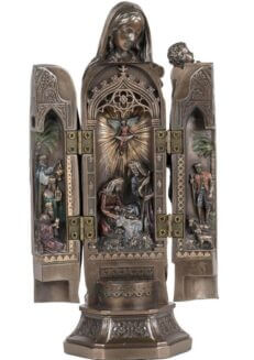 Statue bronze coulé à froid, triptyque de la Vierge à l'enfant, avec la nativité a l'intérieur, H. 20 cm